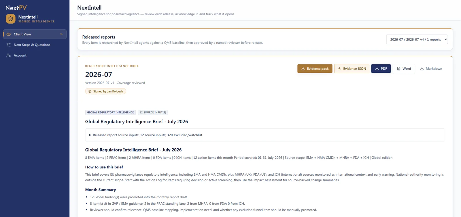 NextIntell client view: a released regulatory intelligence brief signed by a named reviewer