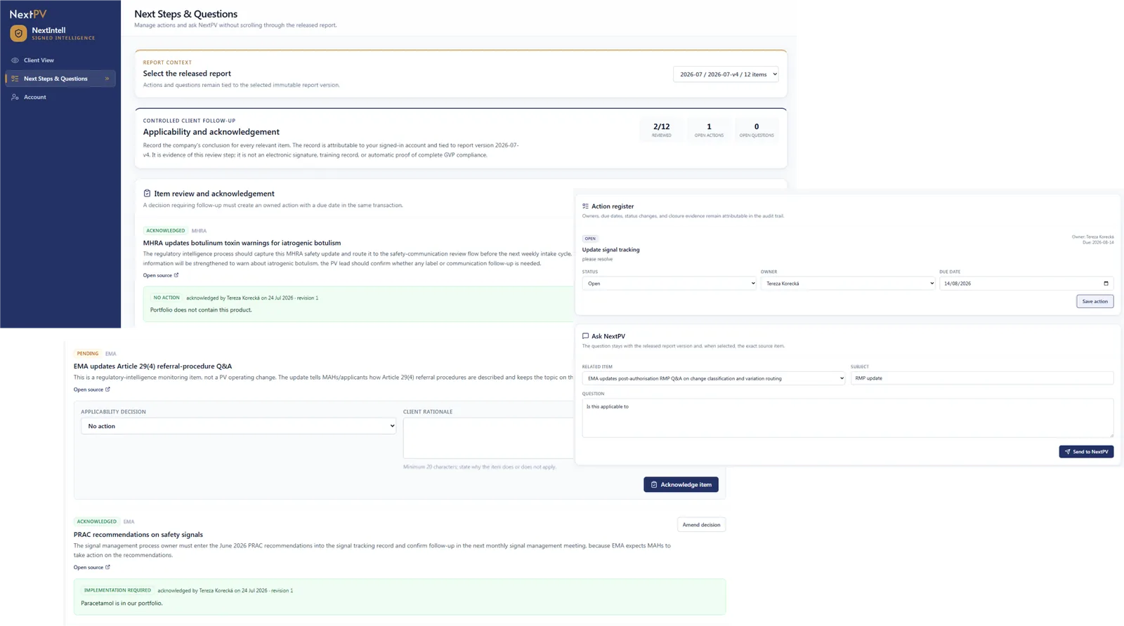 NextIntell follow-up workspace: applicability decisions, actions and questions